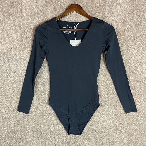 Everlane Bodysuit Top Womens Size XS Black Long Sleeve V Neck Stretch Supima NEW - Picture 2 of 9